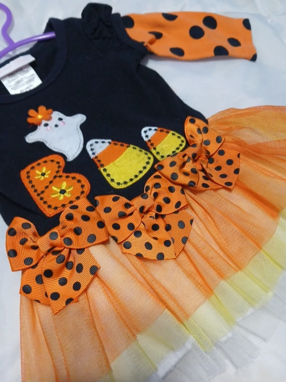 Bonnie Baby Black & Orange Candy Corn Tulle Dress with Polka Dot Sleeves